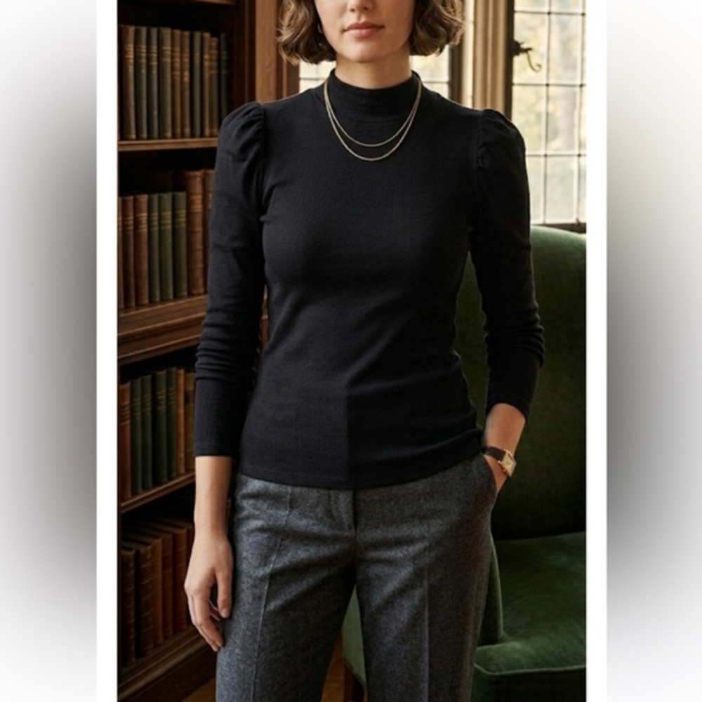 J Crew Factory Black Cotton Ribbed Mockneck Puff Sleeve Top Size XS